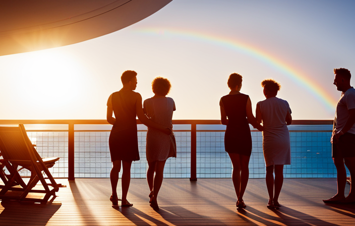 An image depicting a vibrant, sun-kissed poolside deck of a luxurious cruise ship, adorned with rainbow flags, where diverse LGBTQ+ individuals mingle, laugh, and embrace each other with genuine joy