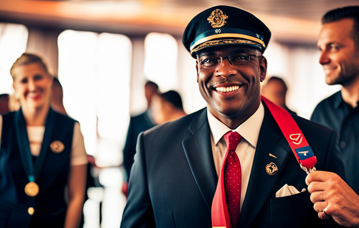 An image showcasing a smiling Carnival Cruise passenger wearing a colorful lanyard adorned with the ship's logo, as they happily receive it from a crew member during an onboard event