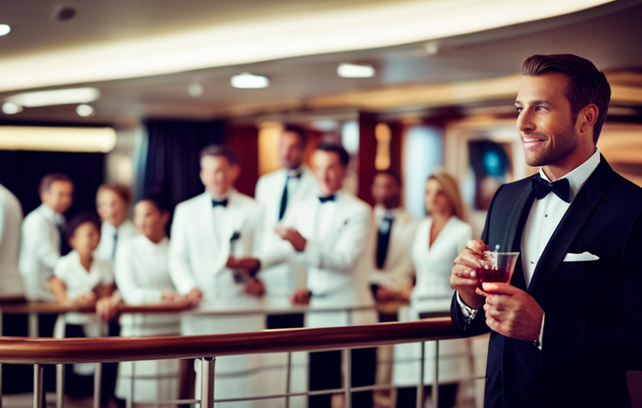 An image capturing a beaming passenger on a Carnival Cruise, elegantly sipping a cocktail by a spacious balcony suite, adorned with luxurious amenities, while crew members in sharp uniforms attend to their needs