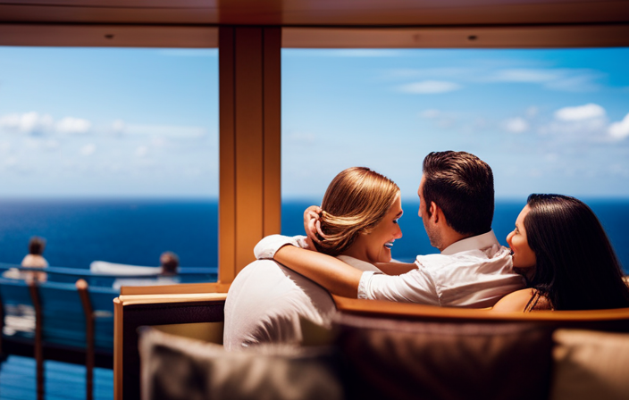 An image showcasing a couple happily lounging in a luxurious, spacious cabin with panoramic ocean views on a Norwegian Cruise Line ship, hinting at the secrets to securing a free upgrade