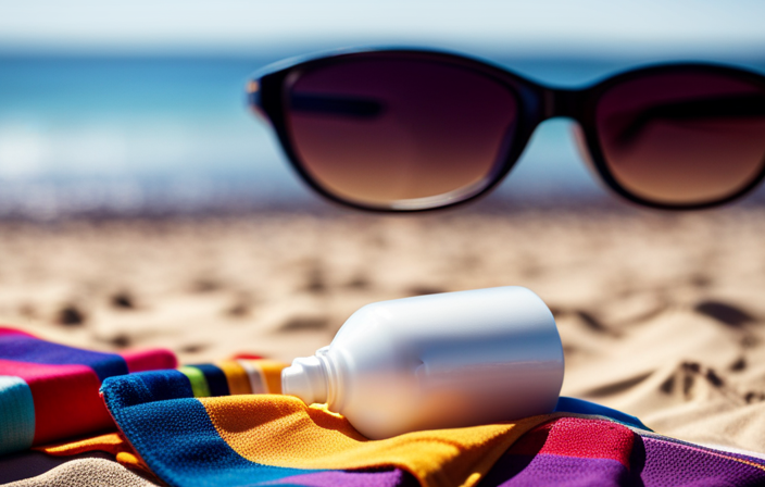 An image that showcases a cleverly disguised sunscreen bottle, filled with clear liquid, nestled amidst colorful beach towels and sunglasses, providing a discreet method to bring alcohol on a Carnival cruise