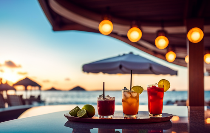 An image showcasing a serene tropical beach backdrop with a vibrant poolside bar, adorned with colorful tropical drinks and an array of liquor bottles, reflecting the allure of obtaining alcohol on a Royal Caribbean cruise