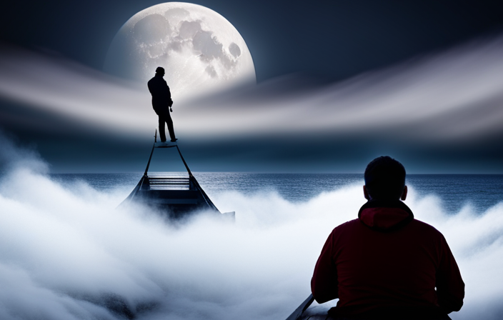 An image capturing a silhouette of a mischievous passenger hiding behind a lifeboat on a moonlit deck, stealthily puffing on a cigarette, with billowing smoke artfully dissipating into the night sky