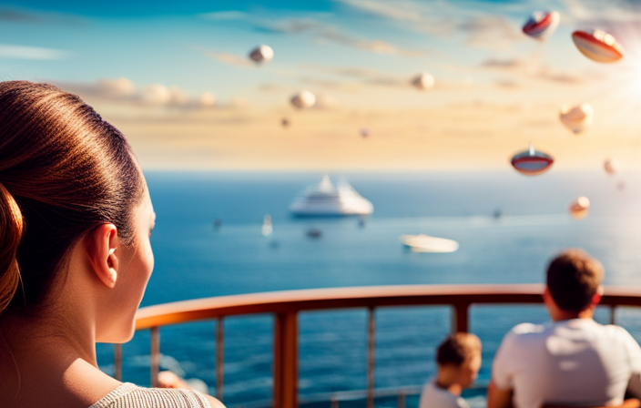 An image that showcases a Carnival Cruise ship adorned with vibrant wifi signals emanating from its satellite dish, while happy passengers enjoy seamless internet connectivity on their devices amidst a picturesque ocean backdrop