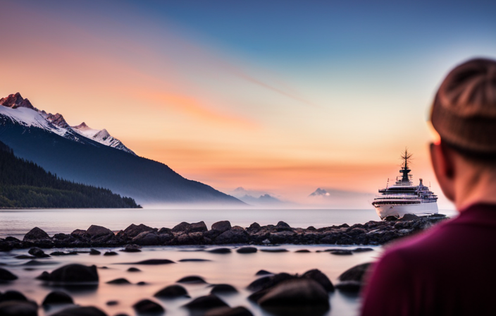 An image showcasing a serene Alaskan landscape with a breathtaking view of snow-capped mountains, a winding road leading from Anchorage to Whittier Cruise Port, and a cruise ship docked at the port
