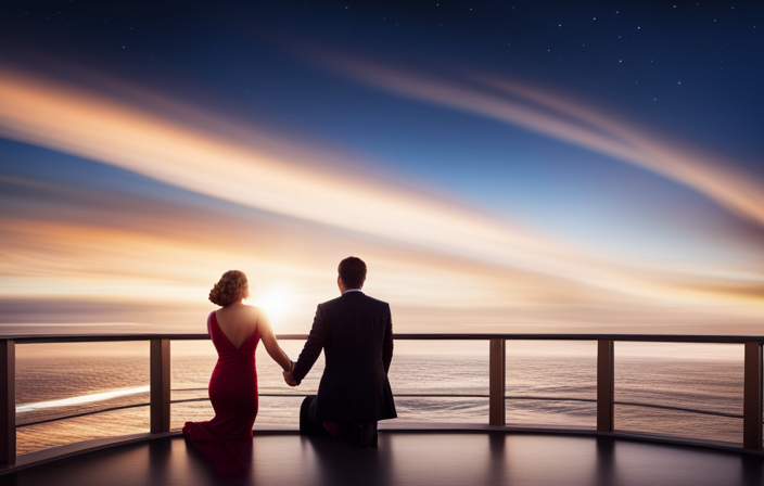 An image showcasing the vibrant cruise ship deck at sunset, adorned with elegant lighting, where couples mingle and dance intimately, surrounded by a backdrop of shimmering ocean waves and a starry sky