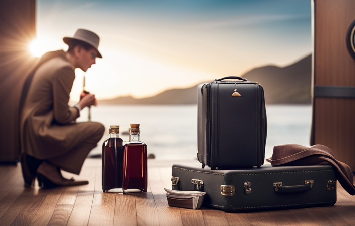 An image showcasing a traveler discreetly stashing small liquor bottles amidst clothing and toiletries inside a suitcase, cleverly camouflaging them for a cruise ship journey