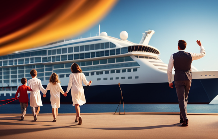 An image showcasing a cheerful family of four confidently striding towards a grand cruise ship deck, adorned with vivid banners and a dedicated "Priority Boarding" sign, as attendants eagerly welcome them on board