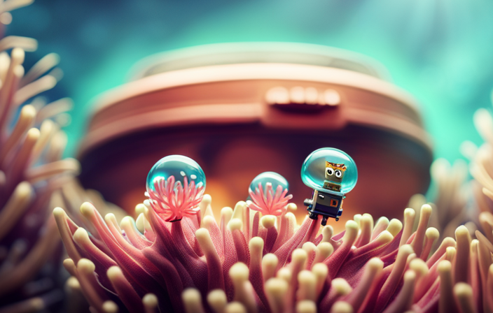 An image showcasing SpongeBob SquarePants energetically maneuvering through a vibrant coral reef, with his trusty bubble-blasting Cruise Bubble apparatus attached to him, as he explores the underwater world