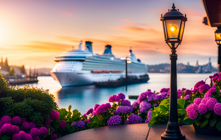 Nt illustration showcasing a cruise ship docked at Victoria Cruise Terminal, with a clear path leading through picturesque streets, adorned with blooming flowers and elegant lampposts, ultimately reaching the iconic Butchart Gardens