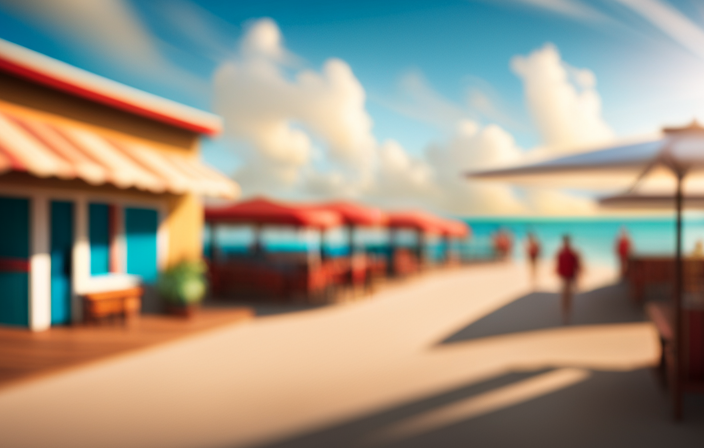 An image capturing the bustling cruise port, with a marked pathway leading through a vibrant Bahamian marketplace