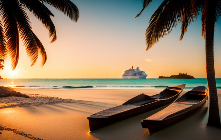 An image showcasing a sunny tropical scene with a cruise ship docked at the port, a clear path leading through palm trees, and Cable Beach's turquoise waters and white sandy shores in the distance