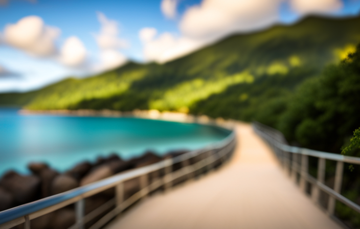 An image showcasing a bustling cruise port with a clear pathway leading to a stunning tropical beach at Magens Bay