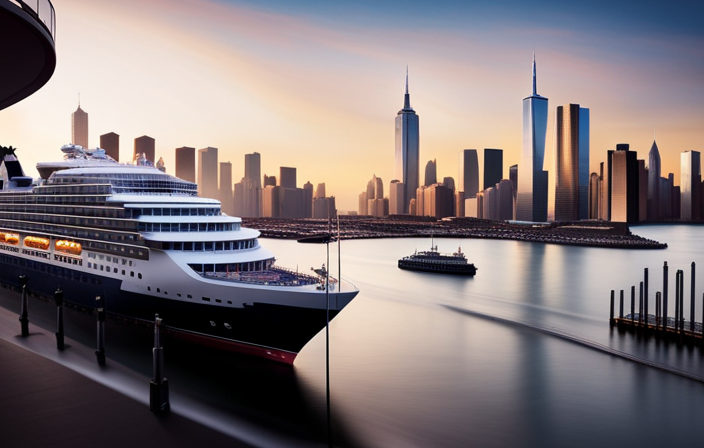 An image showing a sleek cruise ship docked at Manhattan Cruise Terminal, with a busy harbor backdrop