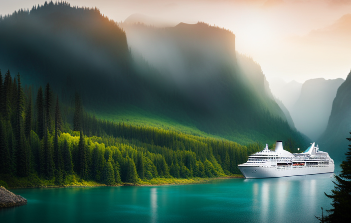 An image showcasing a majestic cruise ship docked near a lush Alaskan rainforest