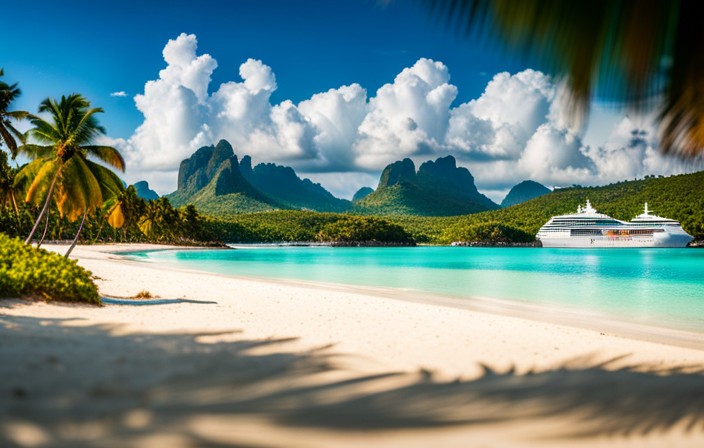 An image showcasing a vibrant tropical landscape with palm-fringed shores, crystal-clear turquoise waters, and a cruise ship in the background