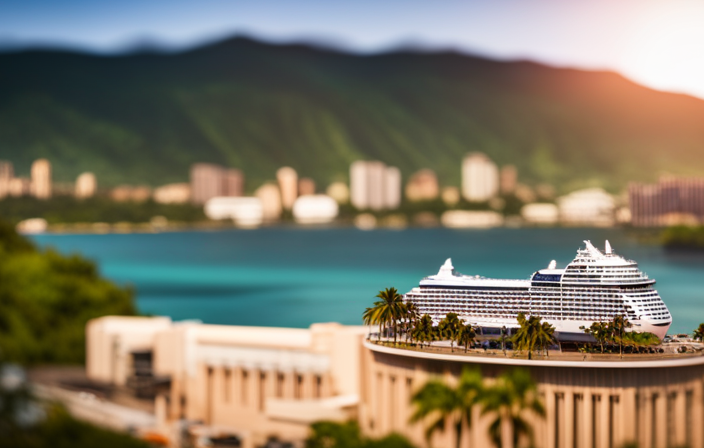 An image showcasing a serene Hawaiian landscape with a picturesque cruise port