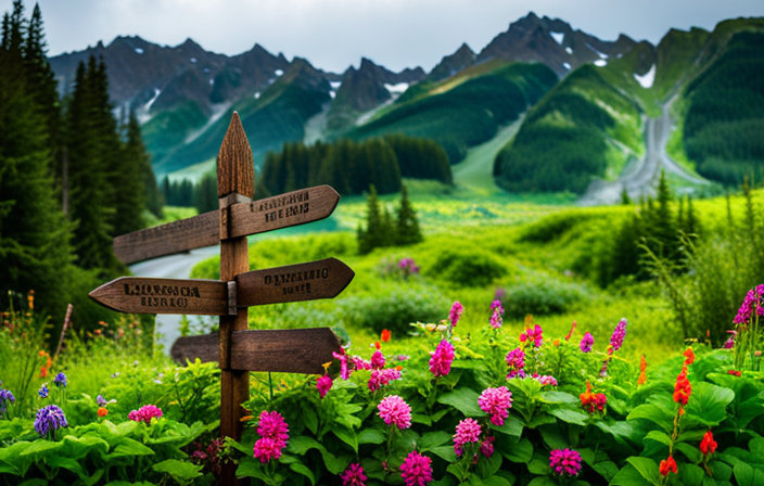 An image featuring a rustic wooden signpost amidst lush greenery, pointing towards Seward, Alaska