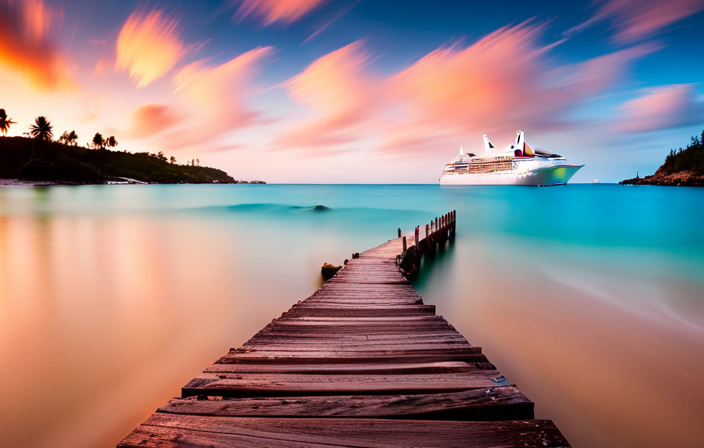 An image showcasing a picturesque cruise ship docked in Bermuda's turquoise waters, with a clear pathway leading towards Tobacco Bay's vibrant pink sandy beach, surrounded by lush greenery and inviting crystal-clear waves
