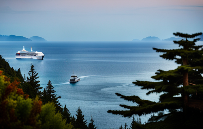 An image showcasing a vast expanse of shimmering ocean, a majestic cruise ship docked in the foreground, while in the distance, a lush coastal landscape reveals Totem Bight, with its towering totem poles and vibrant vegetation