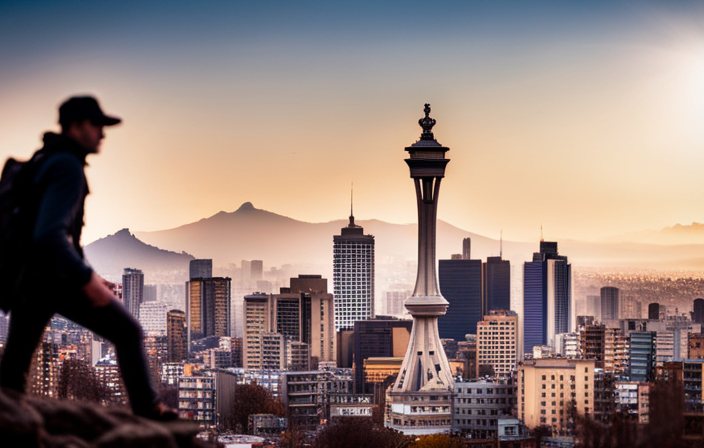 An image depicting a bustling cityscape with a panoramic view of Santiago's iconic landmarks, leading into a scenic coastal route, showcasing the picturesque journey from central Santiago to the vibrant Valparaiso Cruise Terminal