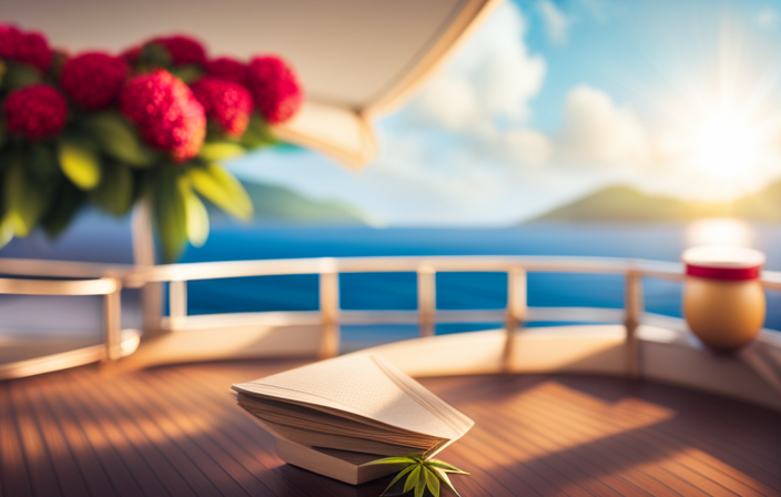 An image capturing a serene, sun-kissed cruise ship deck adorned with vibrant tropical flowers