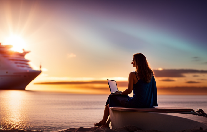 An image showcasing a person using a laptop to book a Carnival Cruise, with vibrant on-screen visuals of the ship, cruise destinations, and booking options displayed, enticing readers to learn how to link their own bookings