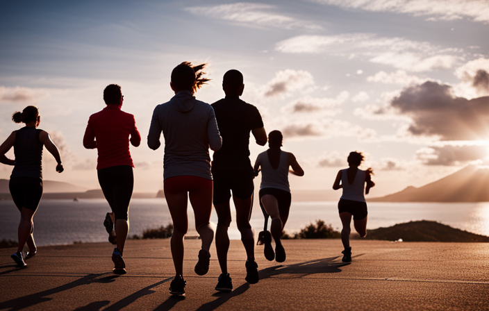 An image featuring a diverse group of individuals engaging in vigorous outdoor activities like jogging, cycling, and swimming, surrounded by a scenic coastal landscape, showcasing their determination to shed post-cruise weight