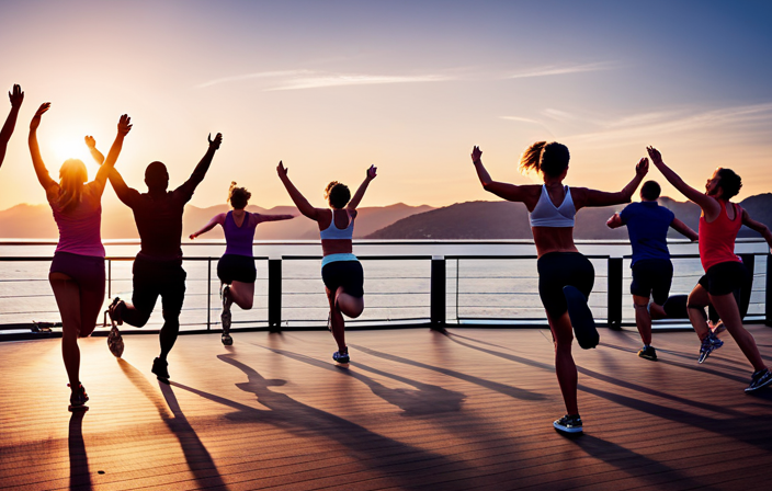 An image showcasing a serene cruise ship deck, with a fitness instructor leading a group of passengers in a lively Zumba class, surrounded by sparkling blue ocean waves and a picturesque sunset backdrop