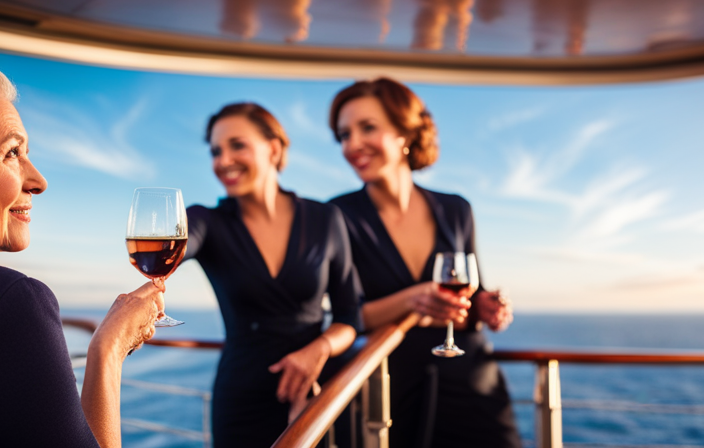 An image showcasing a vibrant cruise ship deck bustling with people engaged in friendly conversations, clinking glasses in the background, while a diverse group of passengers smile, exchange contact information, and plan future adventures together