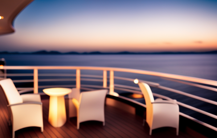 An image of a serene cruise ship deck at sunset, adorned with cozy seating areas and sparkling lights