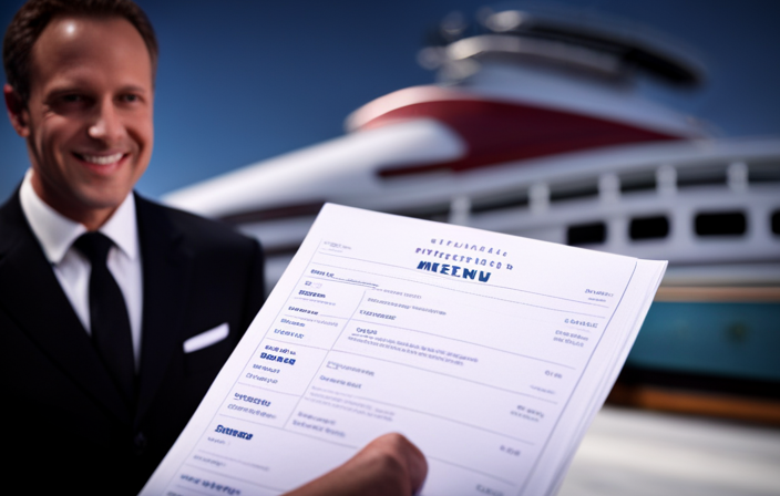 An image showcasing a smiling passenger on a Carnival Cruise ship, holding a menu with a clear "Bottled Water" section highlighted