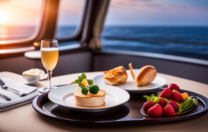 An image showcasing a luxurious Disney cruise cabin with a cozy bed adorned with fluffy pillows, a sleek table set for two, and a gleaming silver tray bearing a delectable feast of gourmet meals - a perfect guide to ordering room service onboard