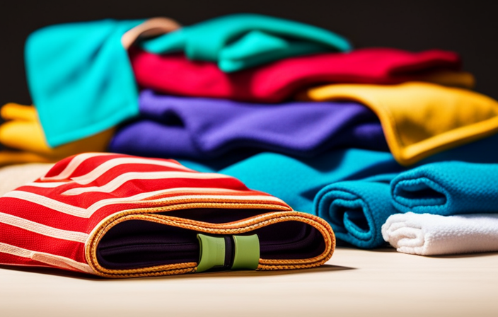 An image showcasing a neatly folded pile of colorful resort wear, including swimsuits, sundresses, and sandals, alongside neatly rolled towels and a snorkeling gear pouch, ready to be packed for an exciting cruise adventure