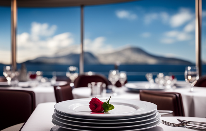 An image showcasing a picturesque cruise ship's dining area, with elegantly set tables adorned with folded napkins, gleaming cutlery, and empty plates, suggesting the act of leaving gratuities