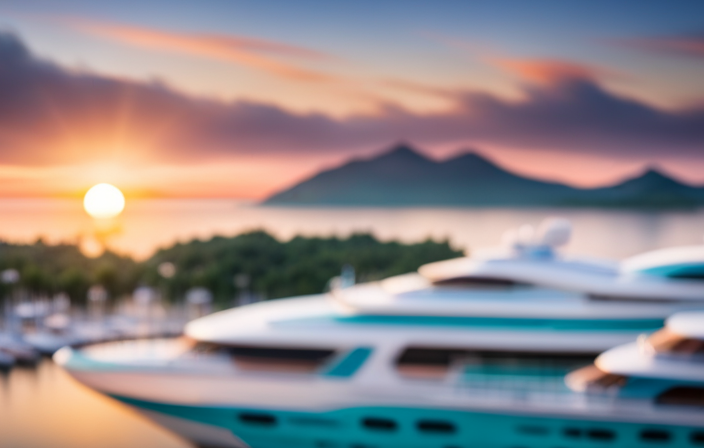 An image showcasing a diverse array of luxurious cruise ships docked in a vibrant port, surrounded by crystal-clear turquoise waters, palm trees, and a breathtaking sunset, inviting readers to learn how to pick the perfect cruise