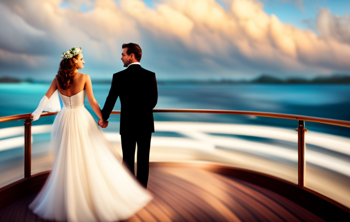 An image showcasing a serene, sunlit cruise ship deck transformed into a romantic wedding venue