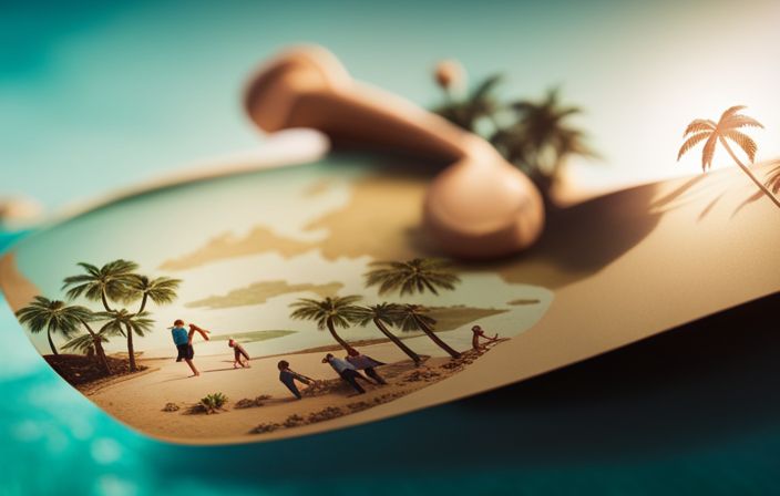 An image of a cheerful family gathered around a map spread on a sunny beach, exchanging excited glances and pointing towards a cruise ship sailing towards paradise, surrounded by palm trees and turquoise waters
