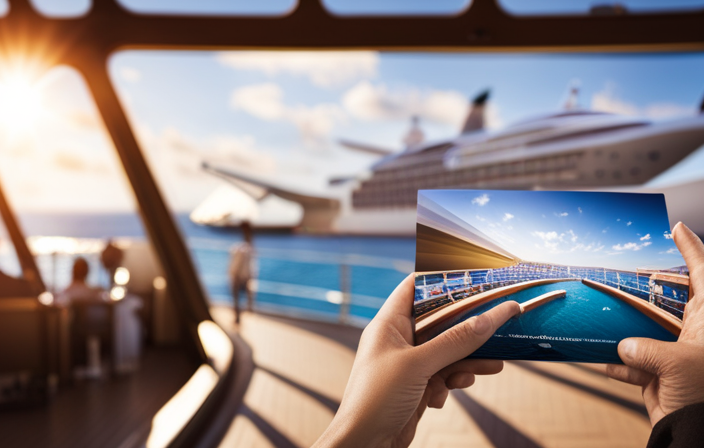 An image that showcases a bright and sunny cruise ship deck, with passengers gathered around an interactive touch-screen map, eagerly pointing to various destinations