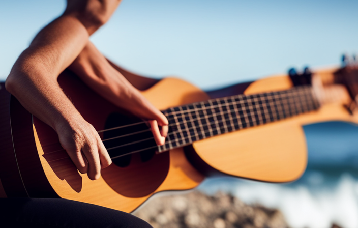 An image showcasing a skilled guitarist's hands gracefully strumming an acoustic guitar, fingers dancing across the frets, while a serene ocean backdrop sets the mood for a captivating blog post on mastering the art of playing "Cruise" on guitar