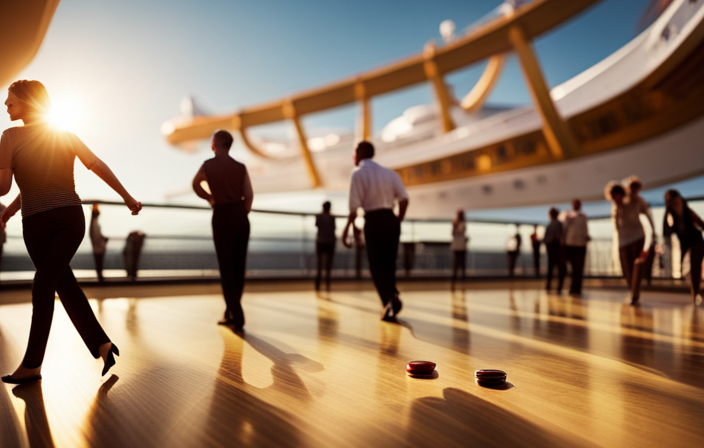 An image that captures the vibrant scene of a cruise ship's open deck, bathed in golden sunlight, where enthusiastic players gather around a gleaming shuffleboard court, engrossed in the spirited game, with smooth pucks gliding effortlessly across the polished wooden surface