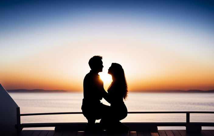An image capturing a breathtaking sunset over the tranquil ocean, where a couple embraces on the deck of a luxurious cruise ship, with the silhouette of the hopeful partner down on one knee