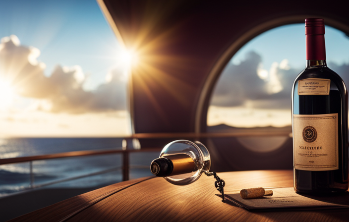 An image that showcases a discreet method of smuggling liquor onto a cruise ship: a wine bottle with a hidden compartment, filled with clear liquor, sealed with a custom-made cork and wax seal