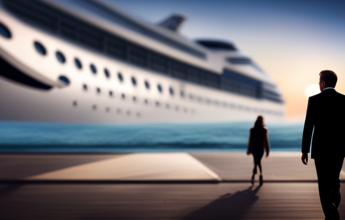 An image showcasing a serene ocean backdrop, with a blurred silhouette of a disgruntled guest being gently escorted off a Carnival Cruise ship by professional staff, exuding a sense of calm resolution