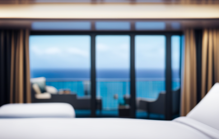 An image depicting a serene cruise cabin adorned with a cozy crib nestled against a panoramic ocean view