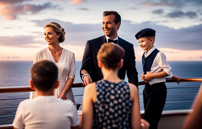 An image of a happy family on a Royal Caribbean cruise ship, with a serene ocean backdrop