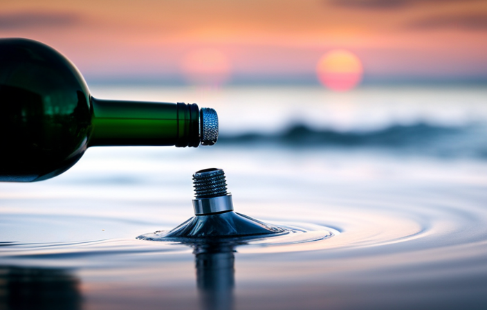 An image capturing a hand firmly gripping a stainless steel wine bottle stopper, with a sparkling ocean backdrop