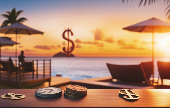 An image showcasing a couple lounging on a sun-kissed deck, surrounded by vibrant tropical landscapes, while a transparent dollar sign hovers above, symbolizing smart money-saving tips for an unforgettable cruise experience