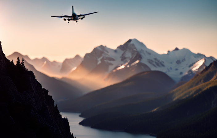 An image showcasing the snow-capped peaks of the Alaskan mountains as a backdrop, with a small plane soaring through the pristine blue sky, offering a unique perspective on exploring Alaska beyond the typical cruise experience