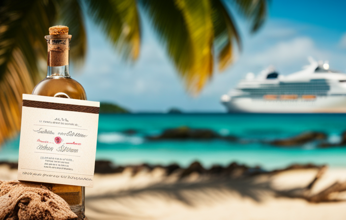 An image showcasing a picturesque beach setting with a tropical wedding invitation nestled in a bottle, sealed with a cork